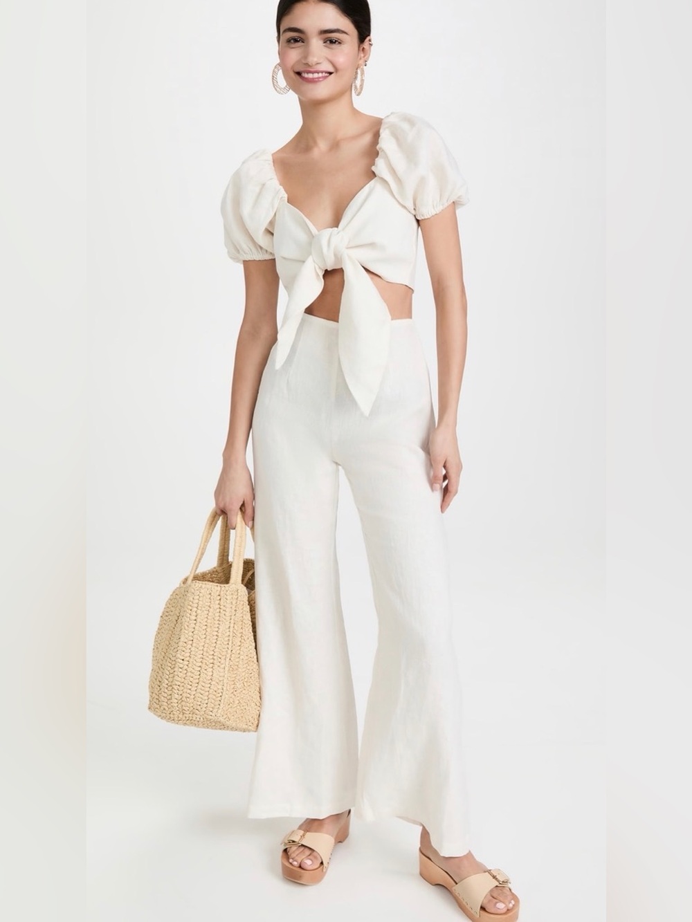 Faithfull The Brand Eva Linen Tie Front Crop Top White Puff Sleeve Size L